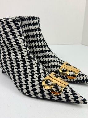 Balenciaga Black & White Houndstooth Pointed-Toe Ankle Boots with Gold Buckle De